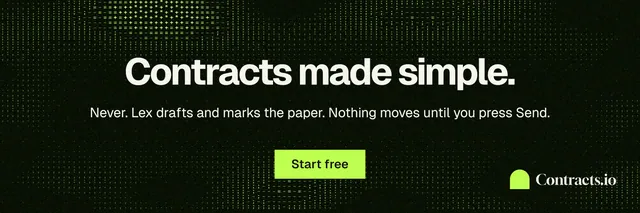X header for contracts.io: "Contracts made simple." Swiss style, centred layout, dark palette in black, grey.