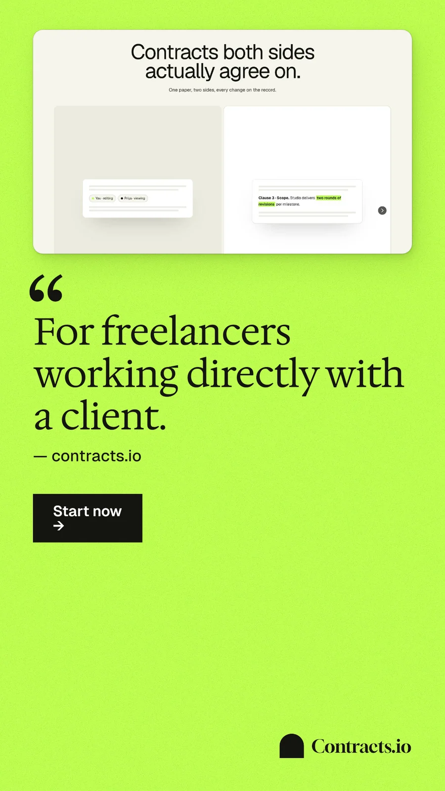 Instagram story for contracts.io: "For freelancers working directly with a client." Swiss style, quote layout, light palette in green.