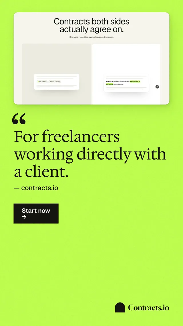 Instagram story for contracts.io: "For freelancers working directly with a client." Swiss style, quote layout, light palette in green.