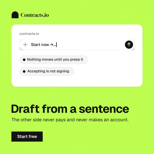 Instagram post for contracts.io: "Draft from a sentence". Swiss style, bottom layout, light palette in green, white.