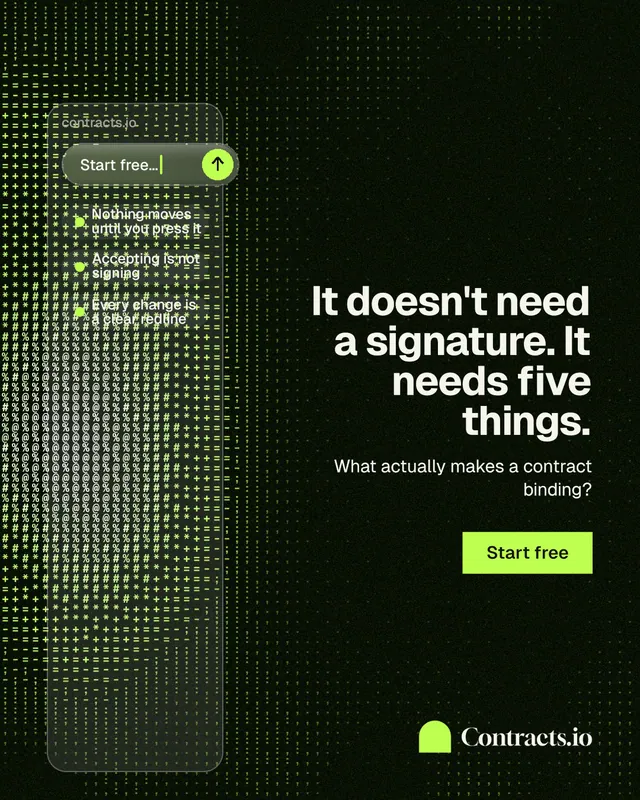 Instagram portrait post for contracts.io: "It doesn't need a signature. It needs five things." Swiss style, right layout, dark palette in black, grey.