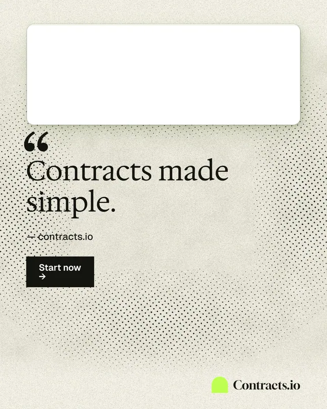 Instagram portrait post for contracts.io: "Contracts made simple." Ink sticker style, quote layout, light palette in white, yellow, grey.