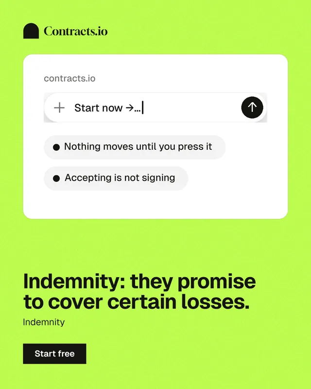 Instagram portrait post for contracts.io: "Indemnity: they promise to cover certain losses." Swiss style, bottom layout, light palette in green, white.