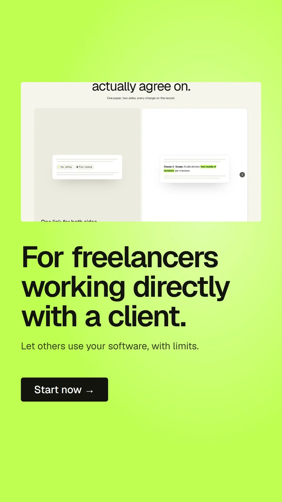 Video for contracts.io: "For freelancers working directly with a client.". Doc motion loop, 6.0 s, light palette.
