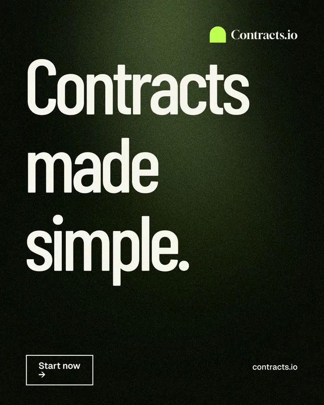 Instagram portrait post for contracts.io: "Contracts made simple." Dark deco style, poster layout, dark palette in black, grey.