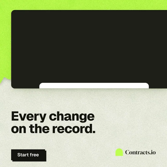 Instagram post for contracts.io: "Every change on the record." Paper trio style, bottom layout, light palette in green, black, grey.