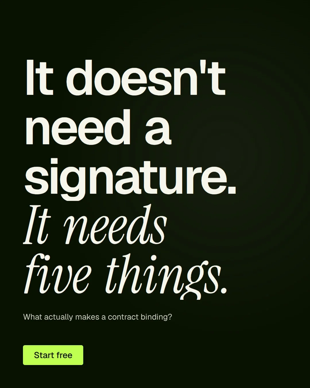 Video for contracts.io: "It doesn't need a signature. It needs five things.". Doc motion loop, 8.0 s, dark palette.
