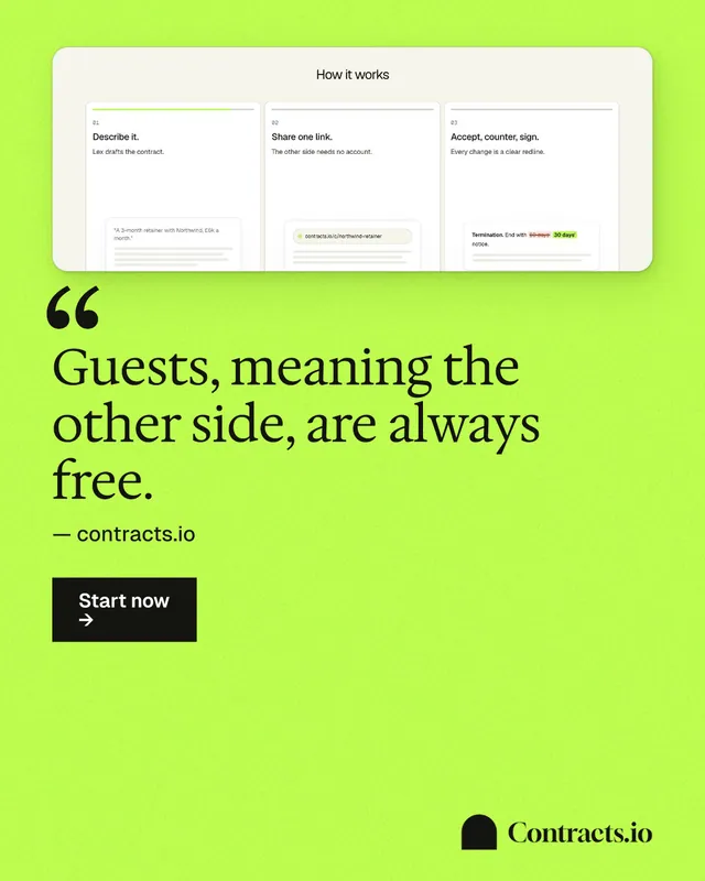 Instagram portrait post for contracts.io: "Guests, meaning the other side, are always free." Swiss style, quote layout, light palette in green.