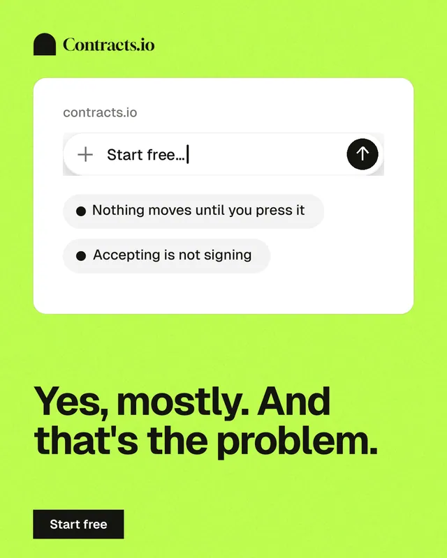 Instagram portrait post for contracts.io: "Yes, mostly. And that's the problem." Swiss style, bottom layout, light palette in green, white.