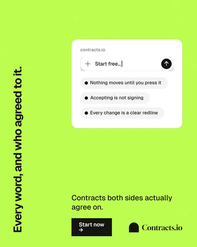 Instagram portrait post for contracts.io: "Every word, and who agreed to it." Swiss style, vertical layout, light palette in green, white.