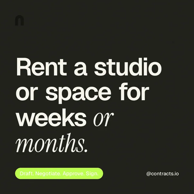 Instagram post for contracts.io: "Rent a studio or space for weeks or months." Caption style, technique:mixed type lockup layout, dark palette in black, green, grey.