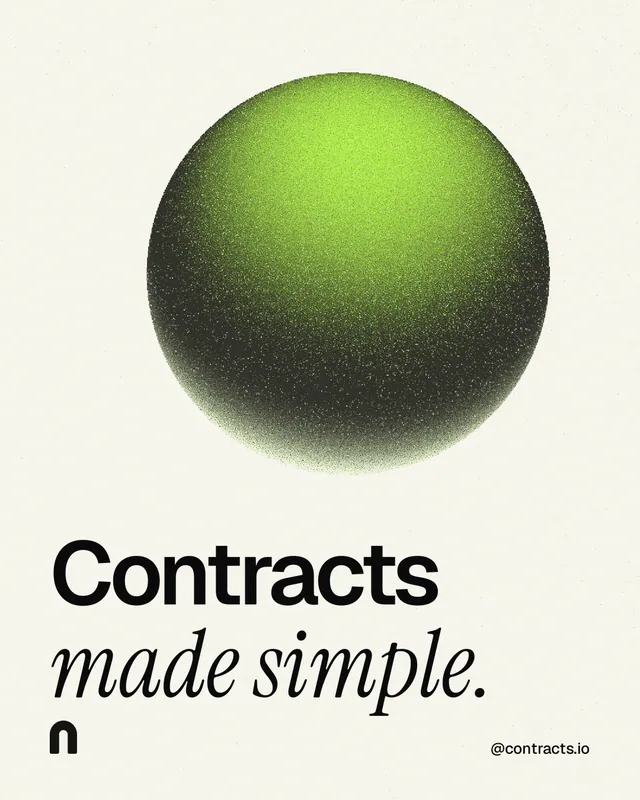 Instagram portrait post for contracts.io: "Contracts made simple." Auto 4x5 style, technique:shader field layout, light palette in white, grey.