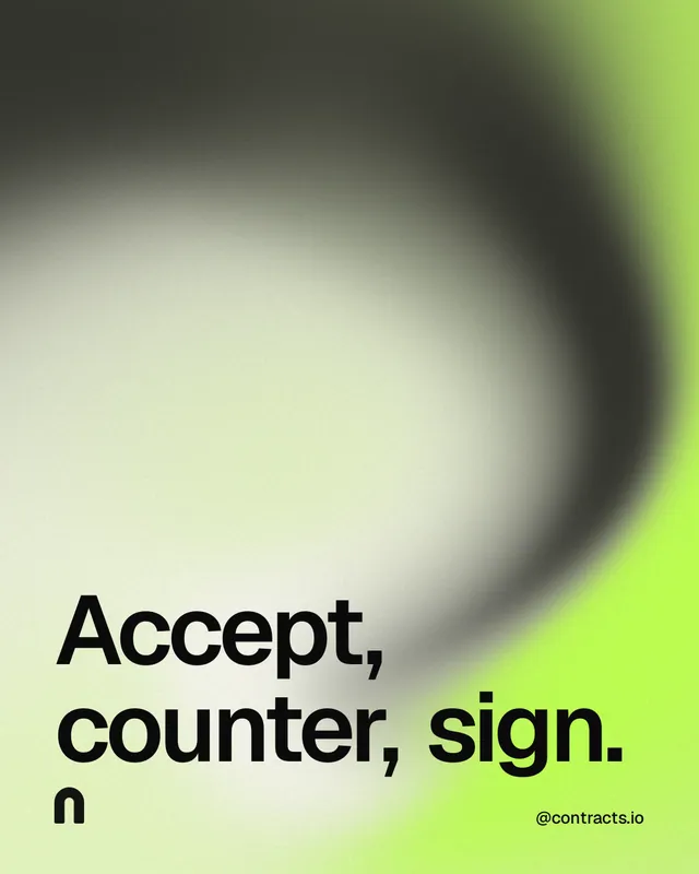 Instagram portrait post for contracts.io: "Accept, counter, sign." Auto 4x5 style, technique:shader field layout, light palette in black, green, grey.
