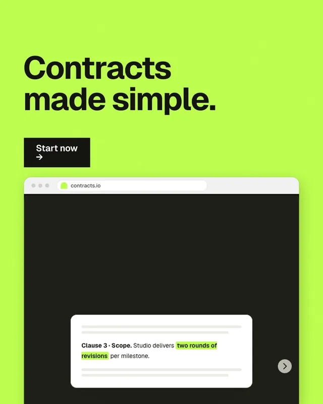 Instagram portrait post for contracts.io: "Contracts made simple." Swiss style, browser layout, light palette in green, black.