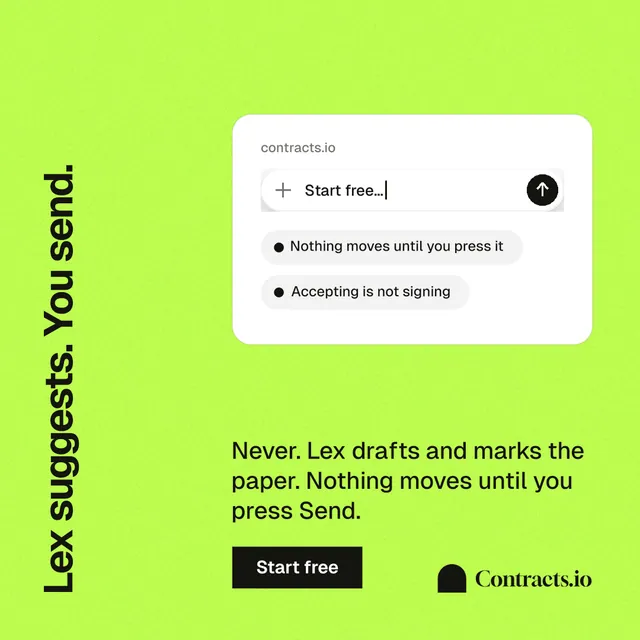 Instagram post for contracts.io: "Lex suggests. You send." Swiss style, vertical layout, light palette in green.