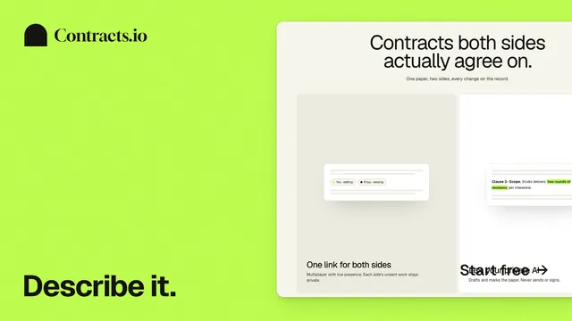 Landscape graphic for contracts.io: "Describe it." Swiss style, image led layout, light palette in green, white.