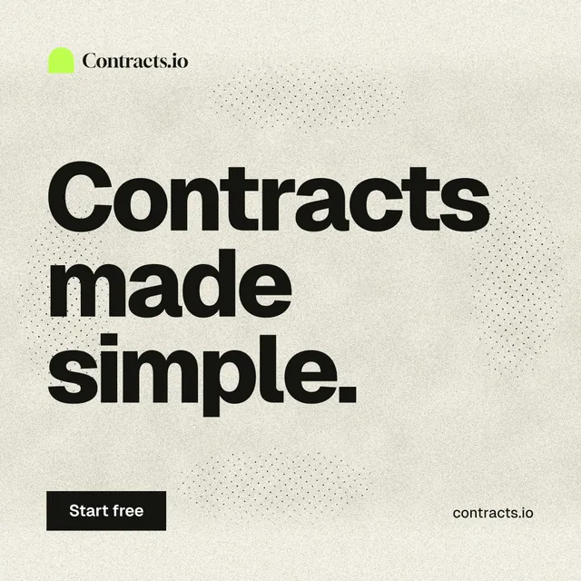Instagram post for contracts.io: "Contracts made simple." Ink sticker style, poster layout, light palette in yellow, grey.
