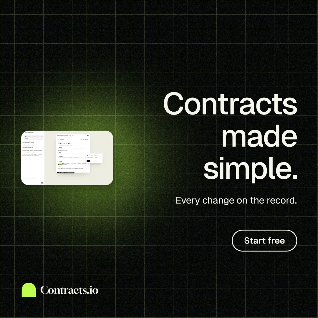 Instagram post for contracts.io: "Contracts made simple." Phosphor atlas style, right layout, dark palette in black, grey.