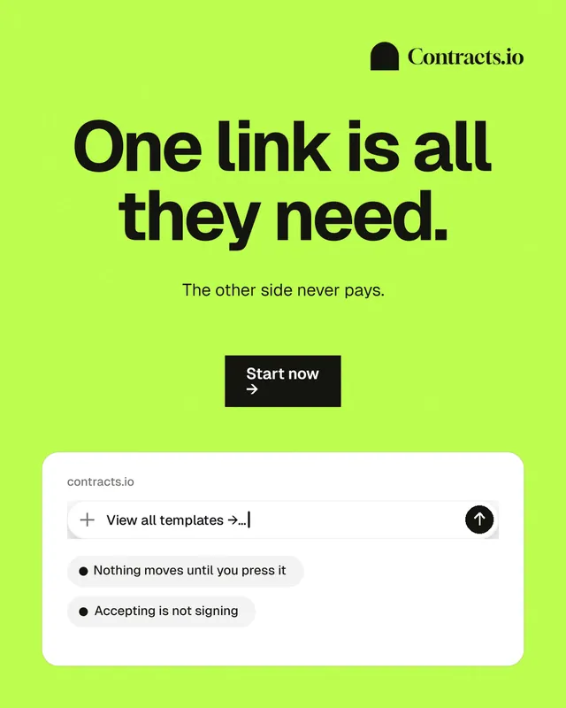 Instagram portrait post for contracts.io: "One link is all they need." Swiss style, centred layout, light palette in green.