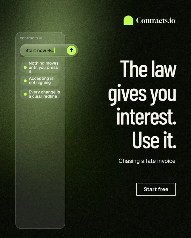 Instagram portrait post for contracts.io: "The law gives you interest. Use it." Dark deco style, right layout, dark palette in green, black, grey.
