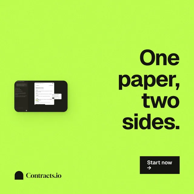 Instagram post for contracts.io: "One paper, two sides." Swiss style, right layout, light palette in green.