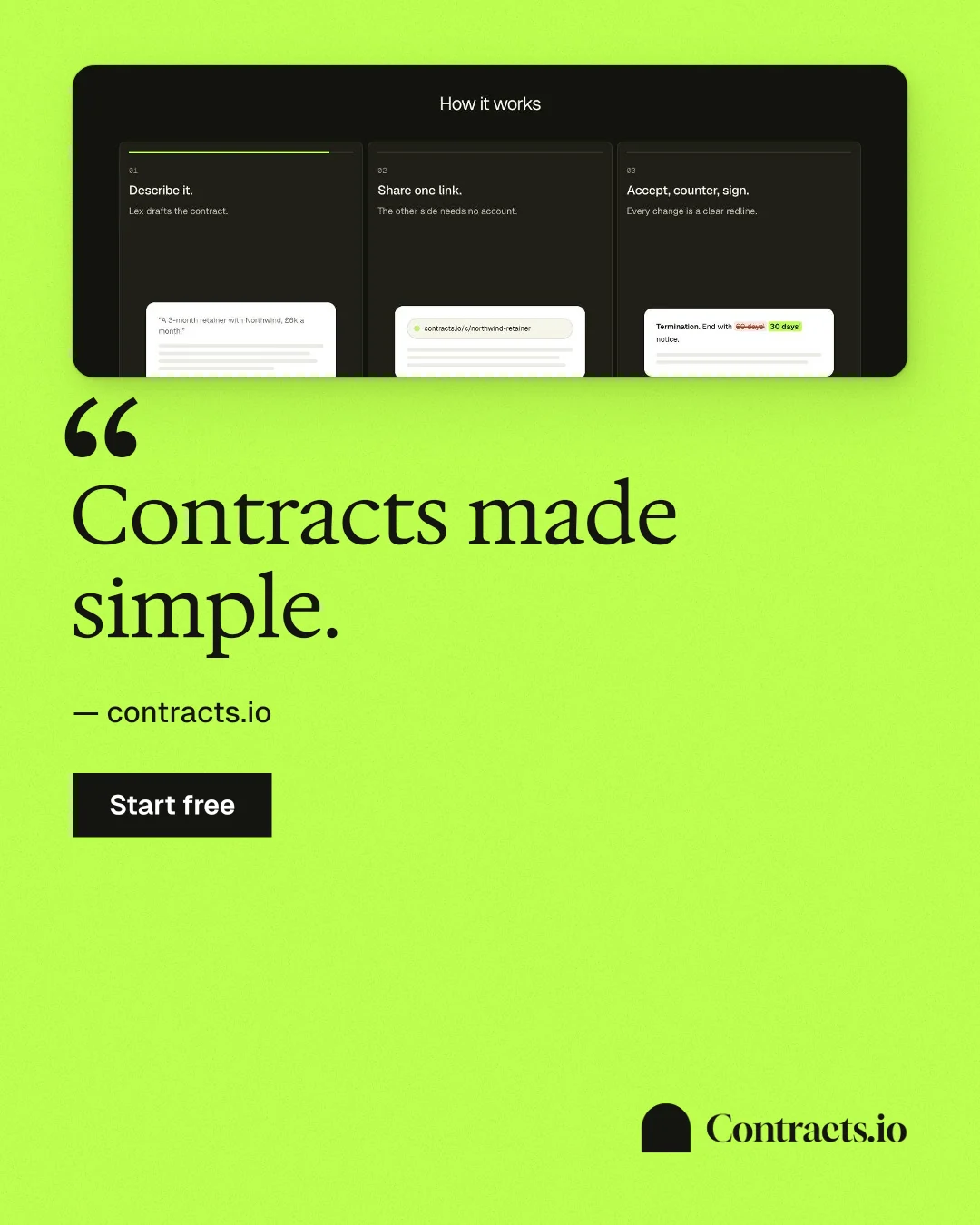 Instagram portrait post for contracts.io: "Contracts made simple." Swiss style, quote layout, light palette in green, black.
