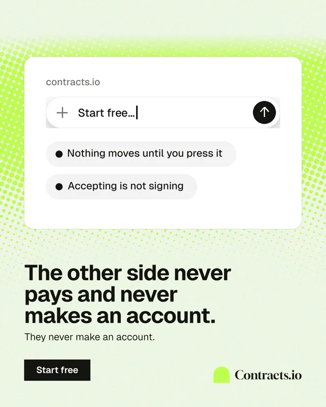 Instagram portrait post for contracts.io: "The other side never pays and never makes an account." Swiss style, bottom layout, light palette in white, grey, green.