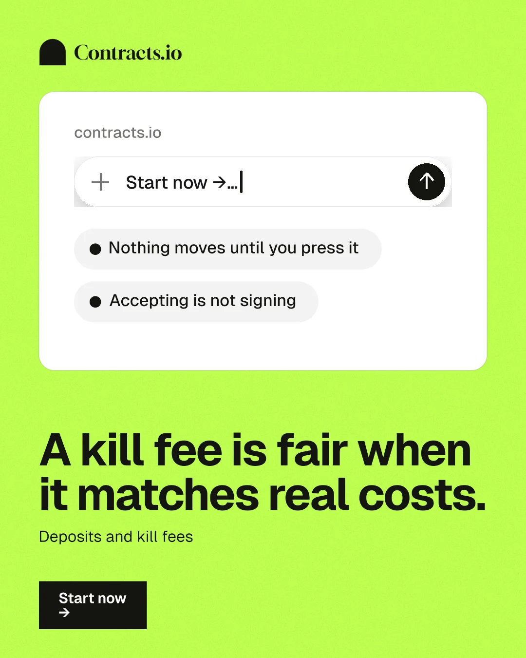 Instagram portrait post for contracts.io: "A kill fee is fair when it matches real costs." Swiss style, bottom layout, light palette in white, green.
