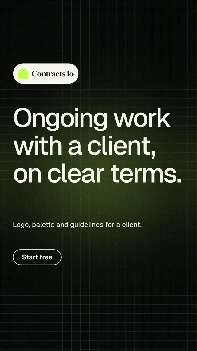 Instagram story for contracts.io: "Ongoing work with a client, on clear terms." Phosphor atlas style, announce layout, dark palette in black, grey.