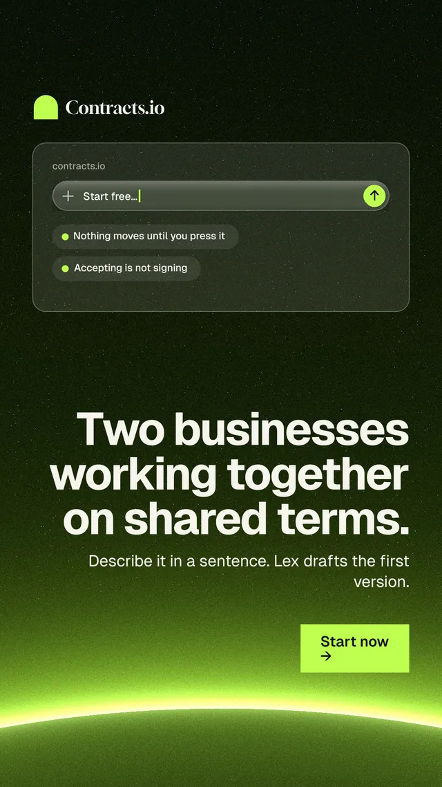 Instagram story for contracts.io: "Two businesses working together on shared terms." Swiss style, right layout, dark palette in black, green.
