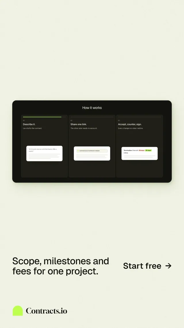 Instagram story for contracts.io: "Scope, milestones and fees for one project." Data card style, image led layout, light palette in white, grey.