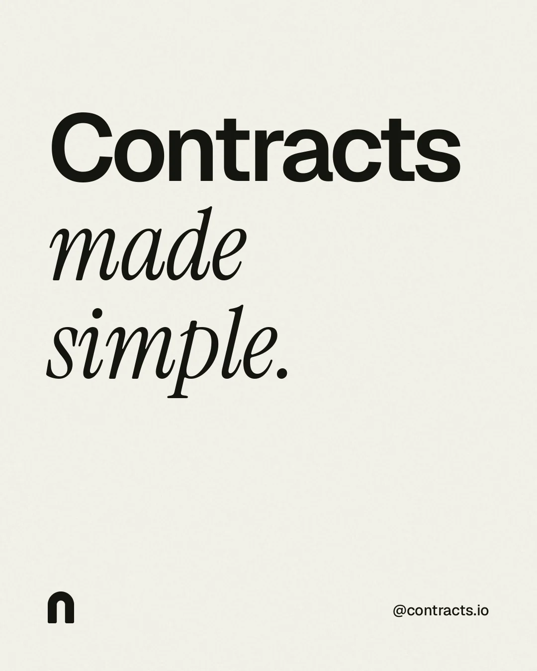 Instagram portrait post for contracts.io: "Contracts made simple." Editorial style, technique:mixed type lockup layout, light palette in white, grey.