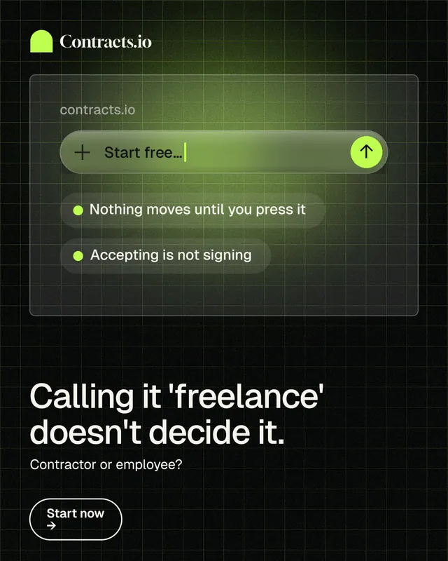 Instagram portrait post for contracts.io: "Calling it 'freelance' doesn't decide it." Phosphor atlas style, bottom layout, dark palette in black, green.