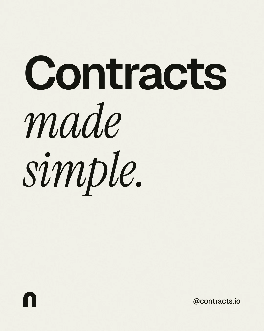Instagram portrait post for contracts.io: "Contracts made simple." Editorial style, technique:mixed type lockup layout, light palette in white, grey.
