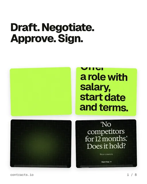 Carousel for contracts.io: "Draft. Negotiate. Approve. Sign.". Collection carousel, 8 slides, light palette.