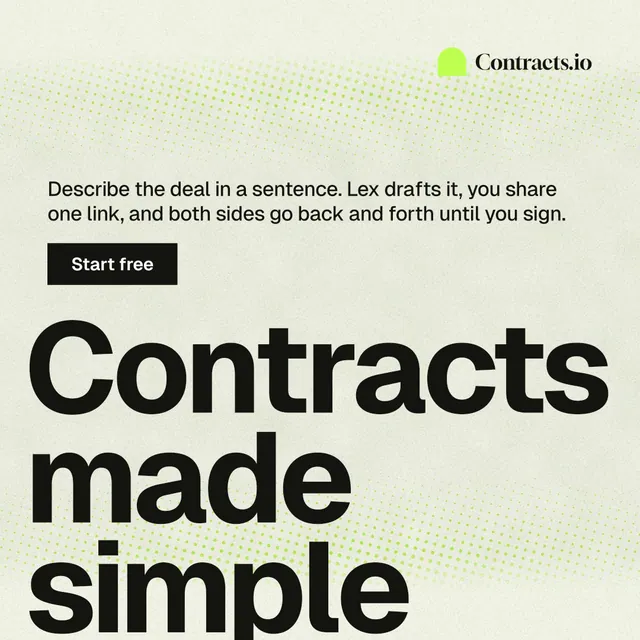Instagram post for contracts.io: "Contracts made simple." Swiss style, oversized layout, light palette in yellow, green, grey.