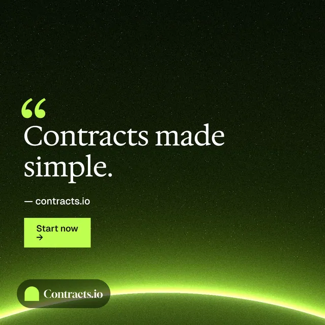 Instagram post for contracts.io: "Contracts made simple." Swiss style, quote layout, dark palette in green, black.
