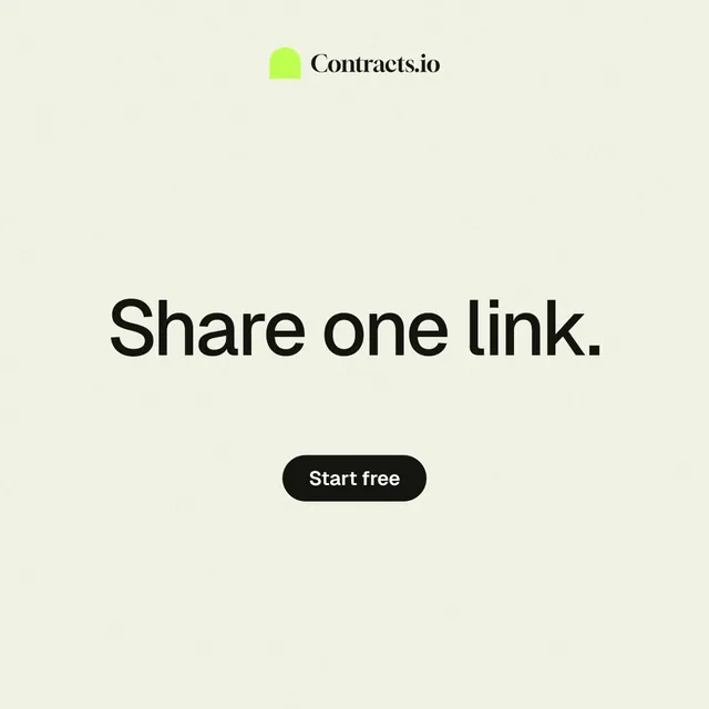 Instagram post for contracts.io: "Share one link." Data card style, centred layout, light palette in white, yellow.