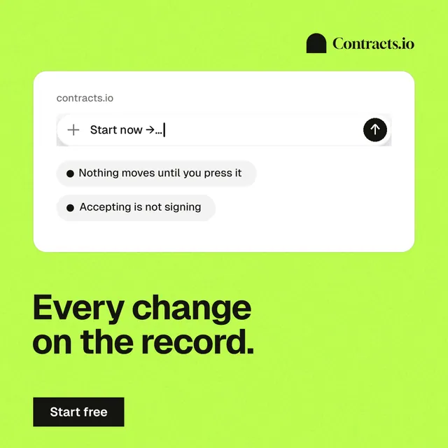 Instagram post for contracts.io: "Every change on the record." Swiss style, bottom layout, light palette in green, white.