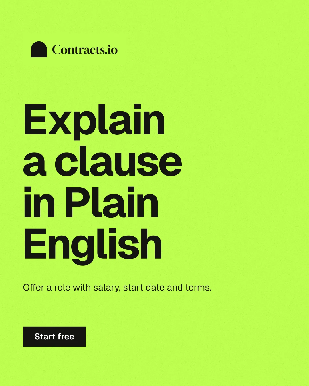 Instagram portrait post for contracts.io: "Explain a clause in Plain English". Swiss style, announce layout, light palette in green.