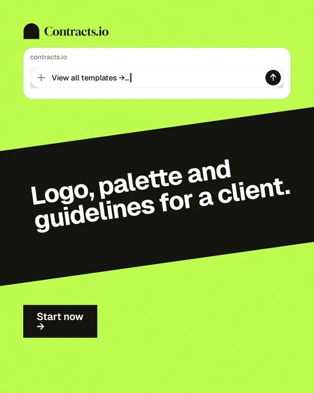 Instagram portrait post for contracts.io: "Logo, palette and guidelines for a client." Swiss style, diagonal layout, light palette in green, black.