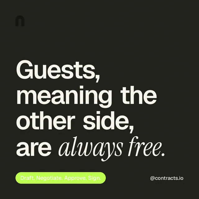Instagram post for contracts.io: "Guests, meaning the other side, are always free." Caption style, technique:mixed type lockup layout, dark palette in black, green, grey.