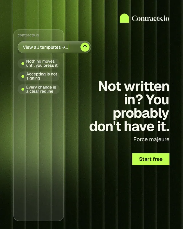 Instagram portrait post for contracts.io: "Not written in? You probably don't have it." Swiss style, right layout, dark palette in black, green.