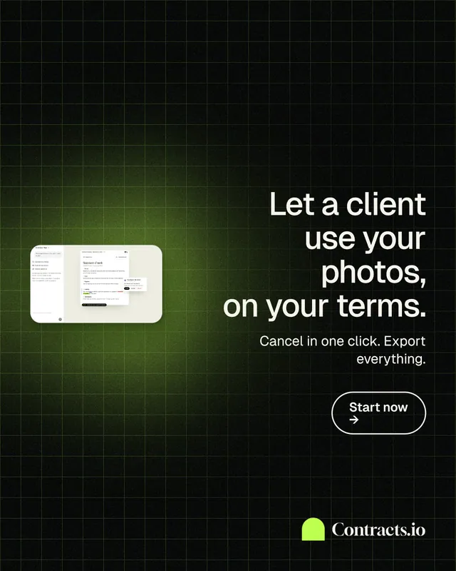 Instagram portrait post for contracts.io: "Let a client use your photos, on your terms." Phosphor atlas style, right layout, dark palette in black, grey.