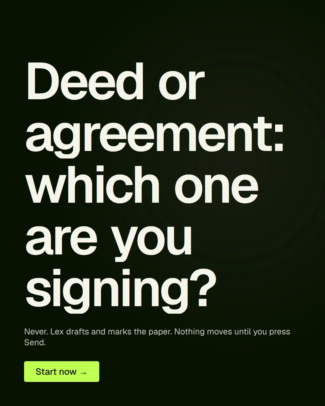 Video for contracts.io: "Deed or agreement: which one are you signing?". Doc motion loop, 7.0 s, dark palette.