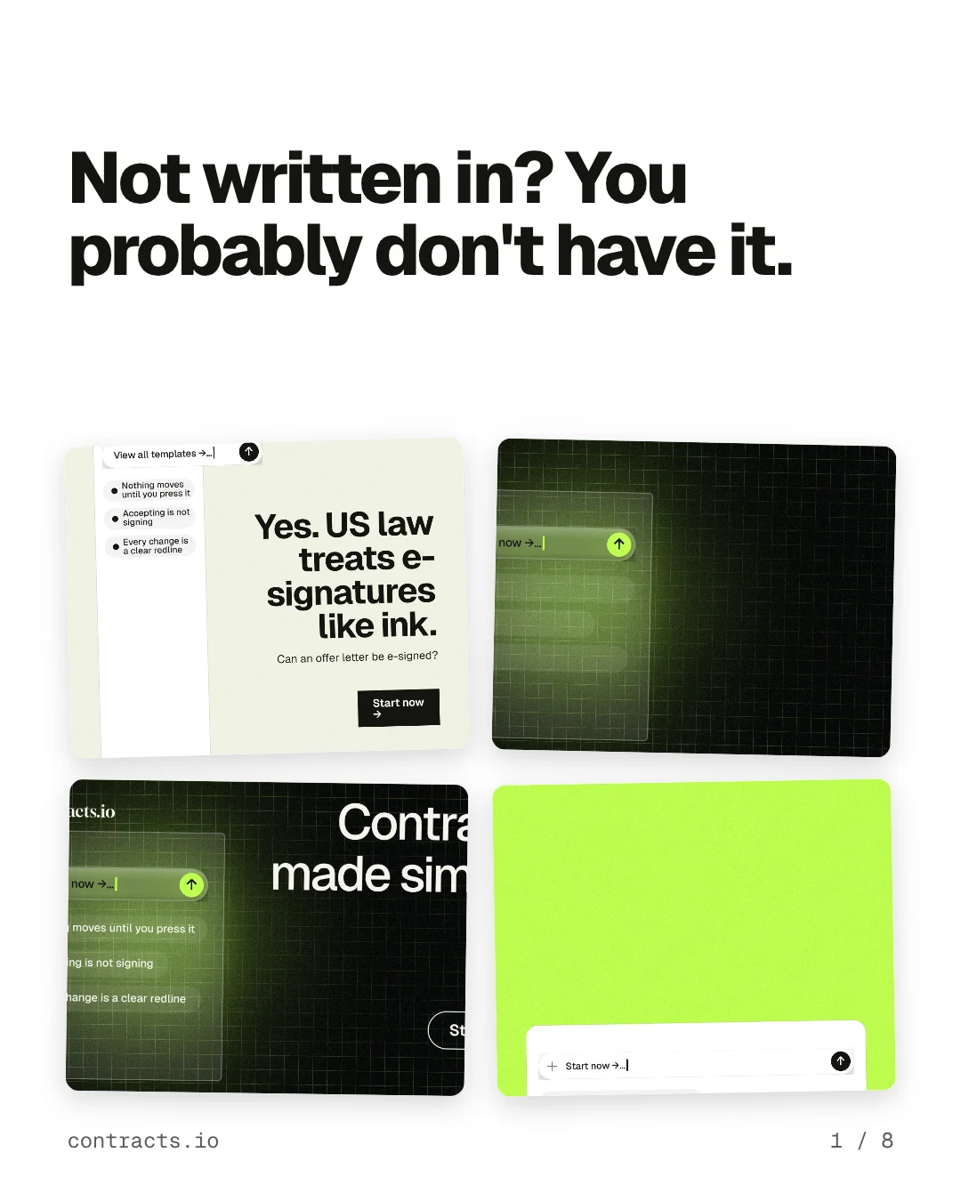 Carousel for contracts.io: "Not written in? You probably don't have it.". Collection carousel, 8 slides, light palette.