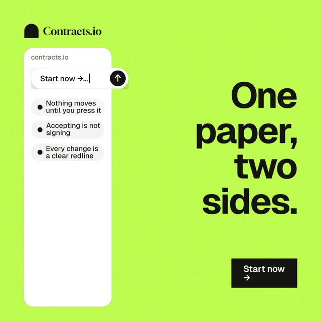 Instagram post for contracts.io: "One paper, two sides." Swiss style, right layout, light palette in green.