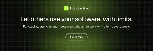 X header for contracts.io: "Let others use your software, with limits." Phosphor atlas style, centred layout, dark palette in green, black.