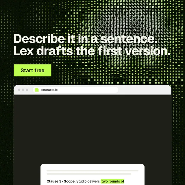Instagram post for contracts.io: "Describe it in a sentence. Lex drafts the first version." Swiss style, browser layout, dark palette in black, green, grey.