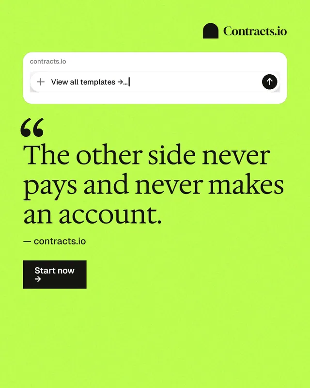 Instagram portrait post for contracts.io: "The other side never pays and never makes an account." Swiss style, quote layout, light palette in green.
